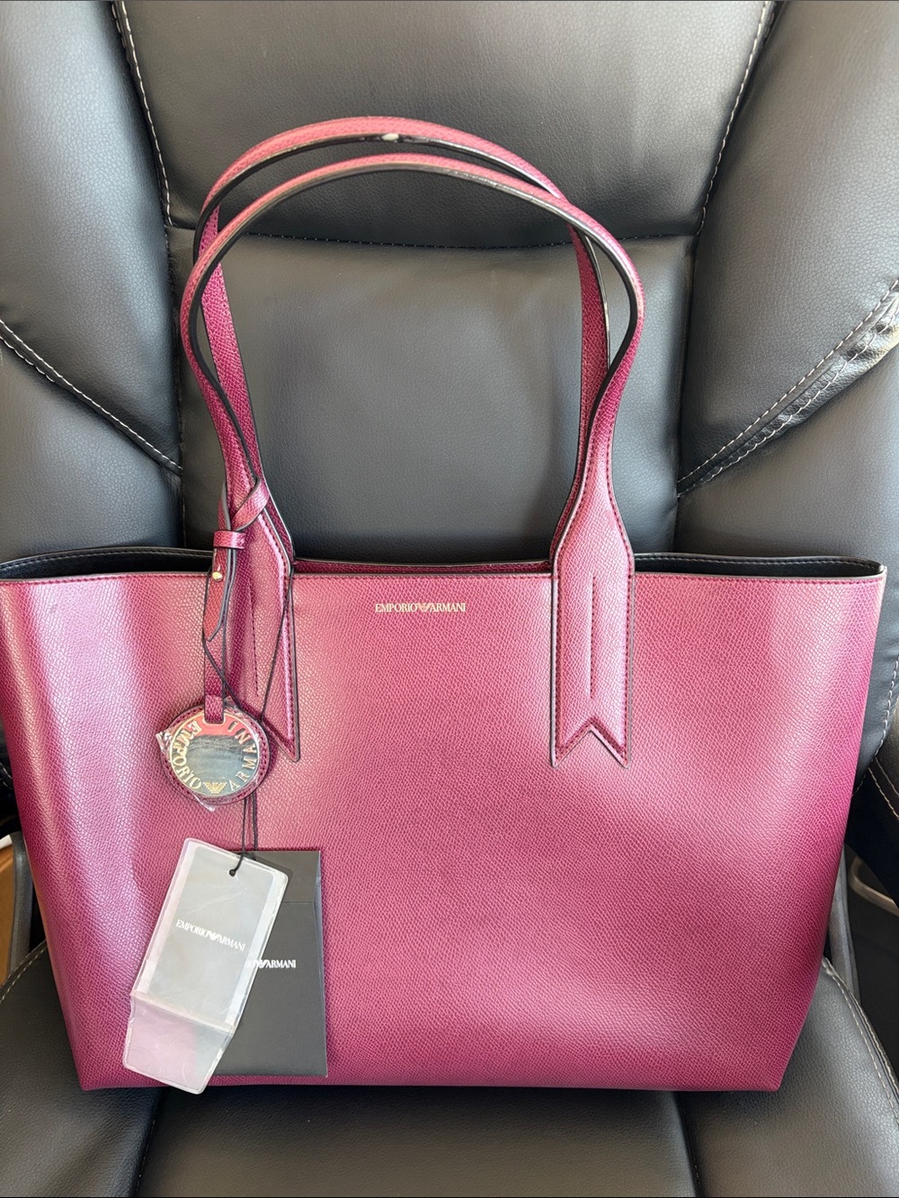Emporio Armani Wine Leather Tote with Gold Logo Charm